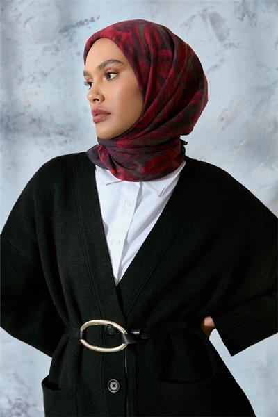 Viskon Velora Eşarp Antrasit-Bordo Tonlu Desenli Tok Duruşlu Kaymaz 90x90