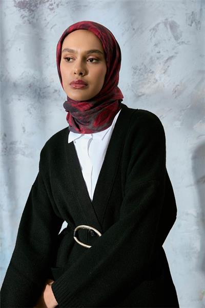 Viskon Velora Eşarp Antrasit-Bordo Tonlu Desenli Tok Duruşlu Kaymaz 90x90