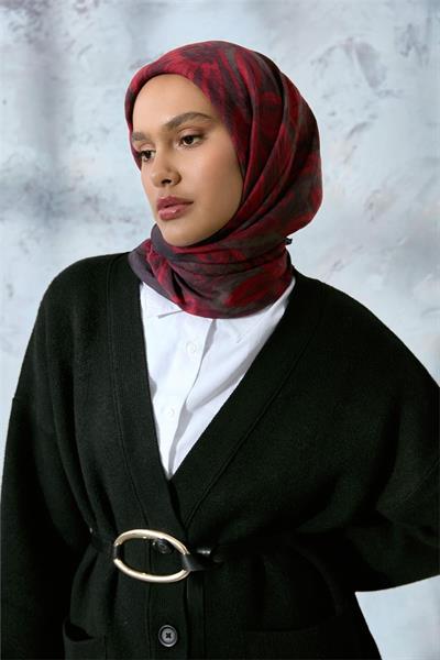 Viskon Velora Eşarp Antrasit-Bordo Tonlu Desenli Tok Duruşlu Kaymaz 90x90