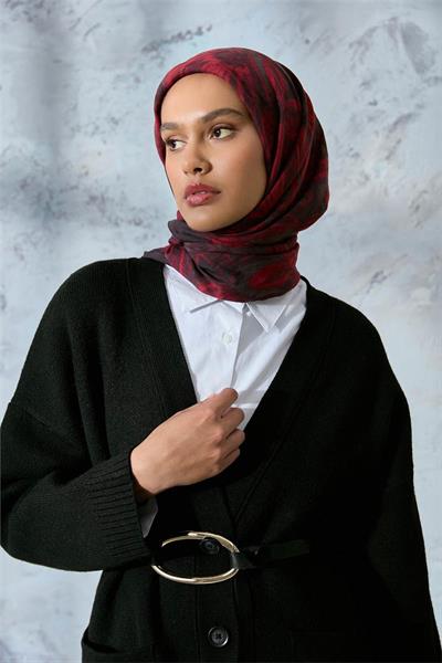 Viskon Velora Eşarp Antrasit-Bordo Tonlu Desenli Tok Duruşlu Kaymaz 90x90