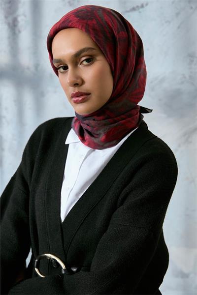 Viskon Velora Eşarp Antrasit-Bordo Tonlu Desenli Tok Duruşlu Kaymaz 90x90