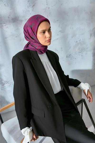 Viskon Velora Eşarp Erguvan-Violet Tonlu Desenli Tok Duruşlu Kaymaz 90x90