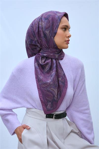 Viskon Velora Eşarp Mor-Eflatun Desenli Tok Duruşlu Kaymaz 90x90
