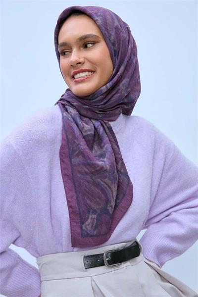 Viskon Velora Eşarp Mor-Eflatun Desenli Tok Duruşlu Kaymaz 90x90