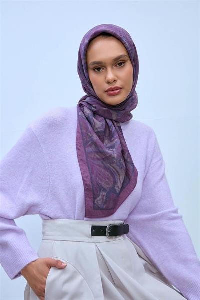 Viskon Velora Eşarp Mor-Eflatun Desenli Tok Duruşlu Kaymaz 90x90