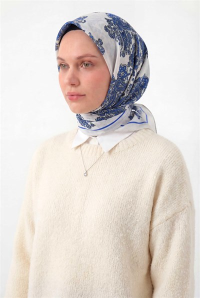 Viskon Velora Eşarp Dört Mevsim Barok Floral Desen Açık Gri 90X90