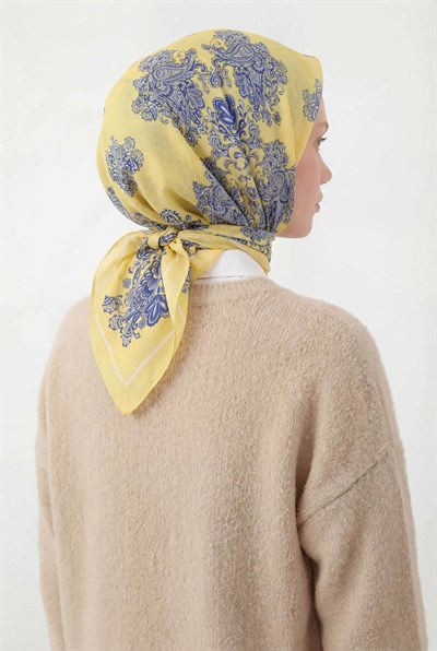 Viskon Velora Eşarp Dört Mevsim Barok Floral Desen Limon 90X90