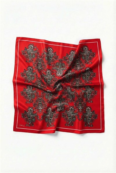 Viskon Velora Eşarp Dört Mevsim Barok Floral Desen Bayrak Kırmızısı 90X90