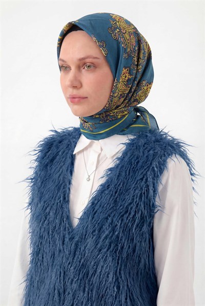 Viskon Velora Eşarp Dört Mevsim Barok Floral Desen Petrol Mavi 90X90