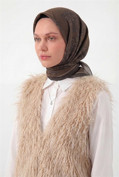 Viskon Velora Eşarp Dört Mevsim Barok Floral Desen Kahverengi 90X90