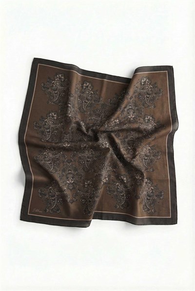 Viskon Velora Eşarp Dört Mevsim Barok Floral Desen Kahverengi 90X90