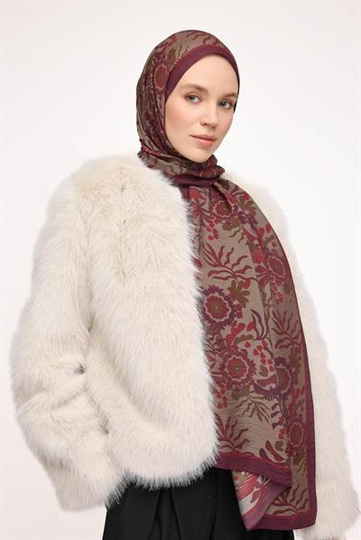 Viskon Karışımlı Mayda Şal Vişne Çürüğü-Antrasit Desenli Tok Duruşlu 190x70