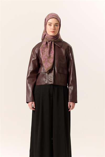 Viskon Karışımlı Velora Eşarp Olive-Eflatun Desenli Yumuşak Dokulu Tok Duruşlu 90X90