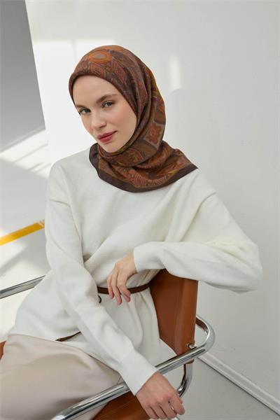Viskon Velora Eşarp Acı Kahve Çok Renkli Desenli Tok Duruşlu 90x90