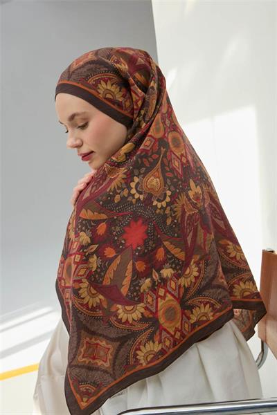 Viskon Velora Eşarp Acı Kahve Çok Renkli Desenli Tok Duruşlu 90x90