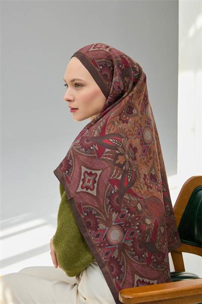 Viskon Velora Eşarp Acı Kahve Çok Renkli Desenli Tok Duruşlu 90x90