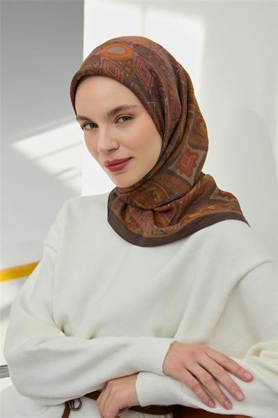 Viskon Velora Eşarp Acı Kahve Çok Renkli Desenli Tok Duruşlu 90x90