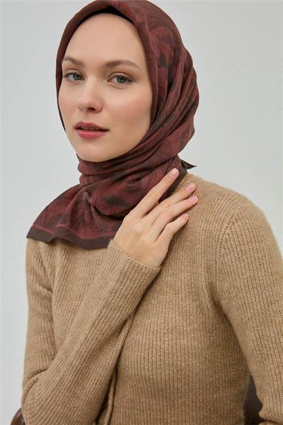 Viskon Velora Eşarp Acı Kahve Desenli Tok Duruşlu Dört Mevsim 90x90
