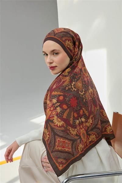 Viskon Velora Eşarp Acı Kahve Çok Renkli Desenli Tok Duruşlu 90x90