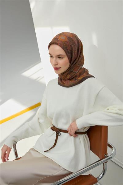 Viskon Velora Eşarp Acı Kahve Çok Renkli Desenli Tok Duruşlu 90x90