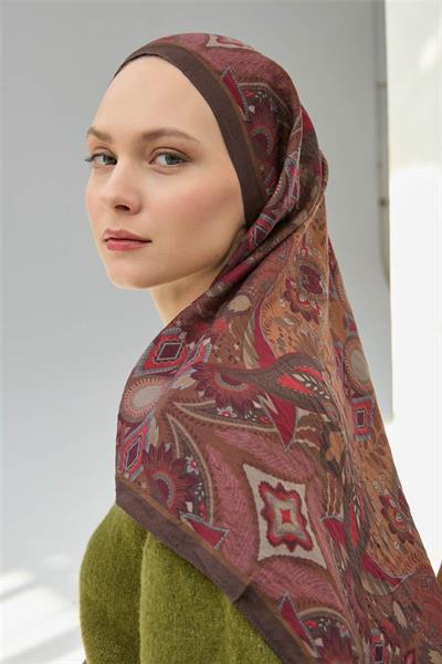 Viskon Velora Eşarp Acı Kahve Çok Renkli Desenli Tok Duruşlu 90x90