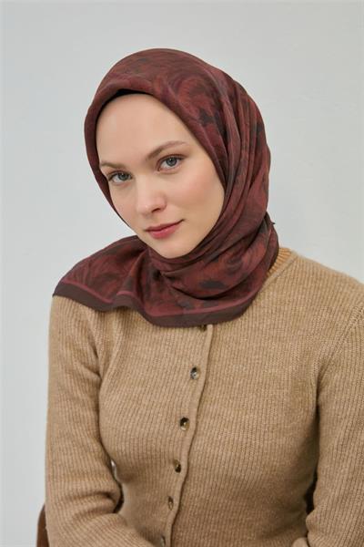 Viskon Velora Eşarp Acı Kahve Desenli Tok Duruşlu Dört Mevsim 90x90