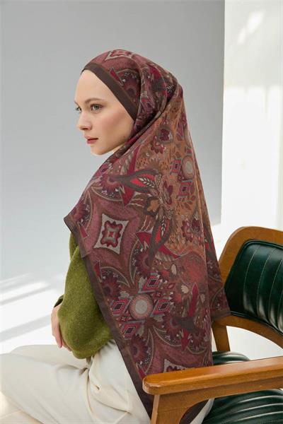 Viskon Velora Eşarp Acı Kahve Çok Renkli Desenli Tok Duruşlu 90x90