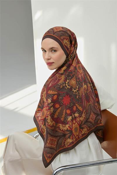 Viskon Velora Eşarp Acı Kahve Çok Renkli Desenli Tok Duruşlu 90x90