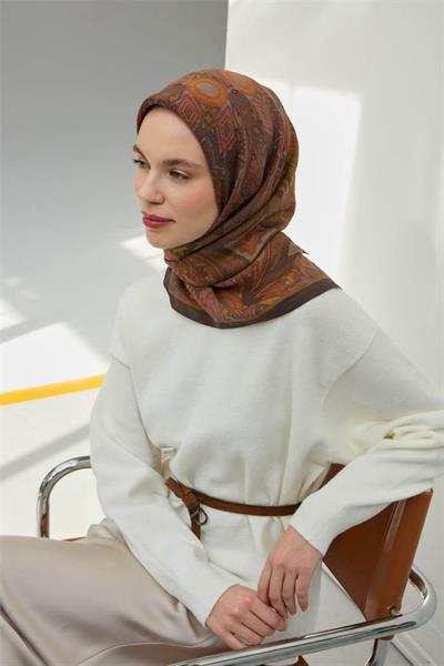 Viskon Velora Eşarp Acı Kahve Çok Renkli Desenli Tok Duruşlu 90x90