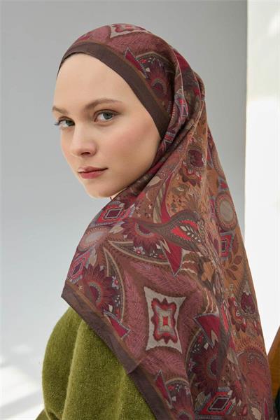 Viskon Velora Eşarp Acı Kahve Çok Renkli Desenli Tok Duruşlu 90x90