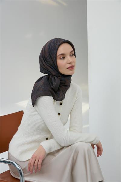 Viskon Velora Eşarp Antrasit Yeşil Desenli Yumuşak Dokulu Tok Duruşlu 90x90