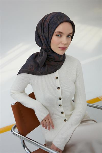 Viskon Velora Eşarp Antrasit Yeşil Desenli Yumuşak Dokulu Tok Duruşlu 90x90