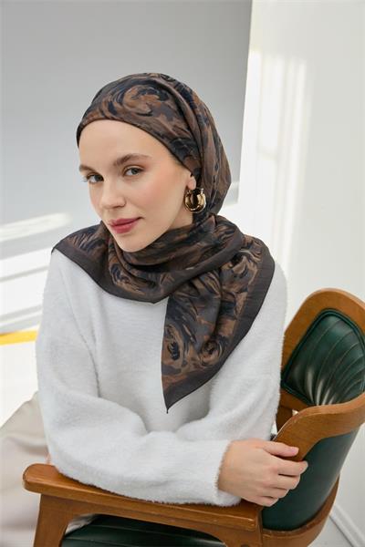 Viskon Velora Eşarp Antrasit Füme Desenli Yumuşak Dokulu Tok Duruşlu 90x90
