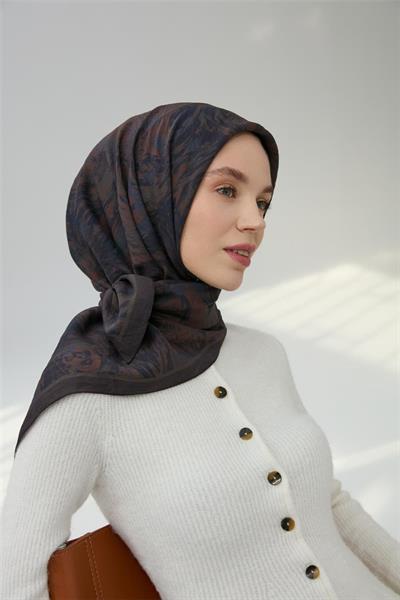 Viskon Velora Eşarp Antrasit Yeşil Desenli Yumuşak Dokulu Tok Duruşlu 90x90