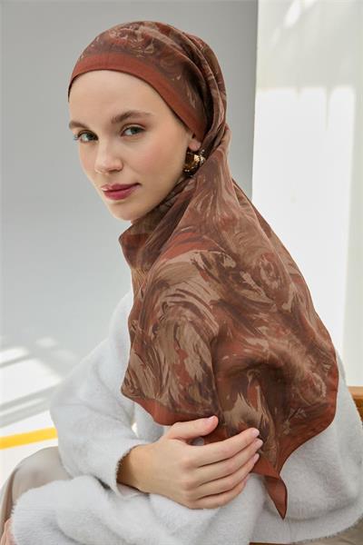 Viskon Velora Eşarp Bakır Kahve Desenli Tok Duruşlu Dört Mevsim 90x90