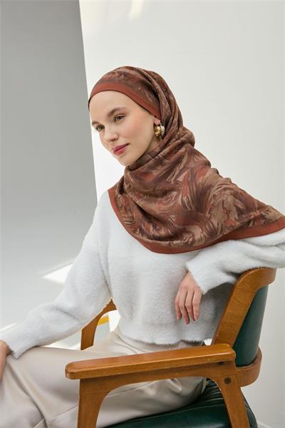 Viskon Velora Eşarp Bakır Kahve Desenli Tok Duruşlu Dört Mevsim 90x90