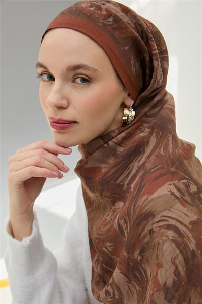 Viskon Velora Eşarp Bakır Kahve Desenli Tok Duruşlu Dört Mevsim 90x90