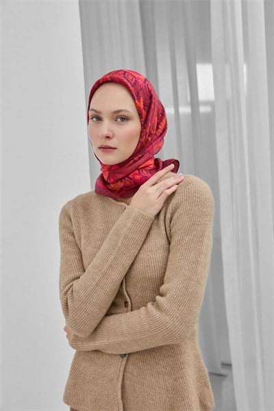 Viskon Velora Eşarp Bordo Desenli Tok Duruşlu Dört Mevsim 90X90