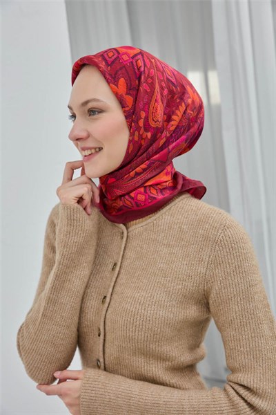 Viskon Velora Eşarp Bordo Desenli Tok Duruşlu Dört Mevsim 90X90