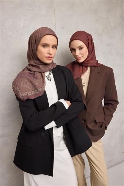 Viskon Velora Eşarp Dört Mevsim Zincir Desen Bakır Kahve 90x90