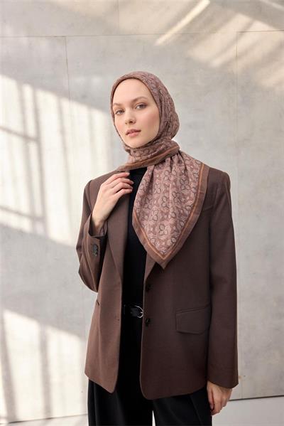 Viskon Velora Eşarp Pudra Vizon Yonca Desenli Tok Duruşlu 90x90