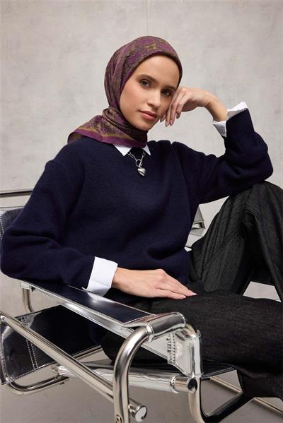 Viskon Velora Eşarp Yonca Desenli Koyu Mor Tok Duruşlu 90x90