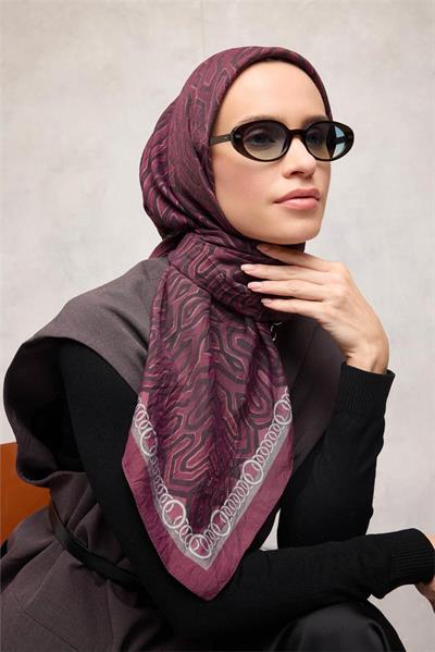 Viskon Velora Eşarp Dört Mevsim Zincir Desen Mürdüm 90x90