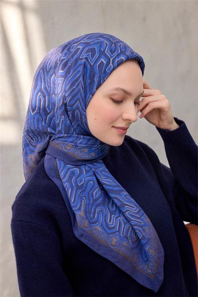 Viskon Velora Eşarp Dört Mevsim Zincir Desen Koyu Mavi 90x90