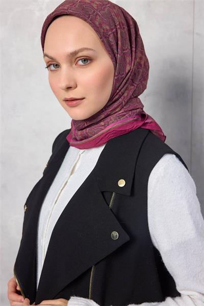Viskon Velora Eşarp Yonca Desenli Magenta Tok Duruşlu Dört Mevsim 90x90