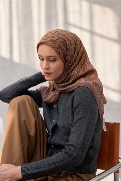 Viskon Velora Eşarp Dört Mevsim Zincir Desen Kiremit 90x90