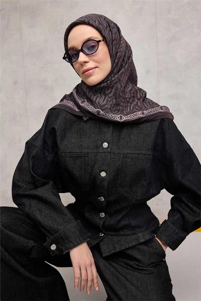 Viskon Velora Eşarp Dört Mevsim Zincir Desen Koyu Siyah 90x90