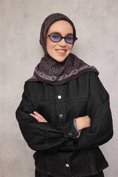Viskon Velora Eşarp Dört Mevsim Zincir Desen Koyu Siyah 90x90