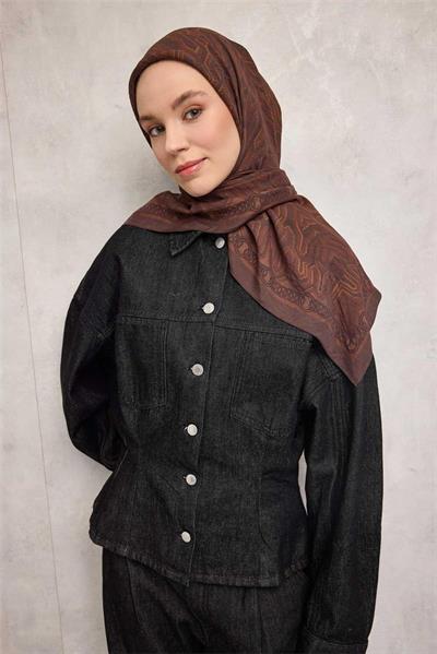 Viskon Velora Eşarp Dört Mevsim Zincir Desen Kahverengi 90x90