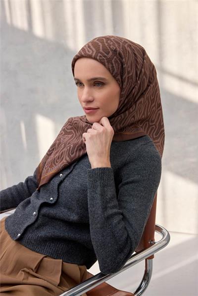 Viskon Velora Eşarp Dört Mevsim Zincir Desen Kahverengi 90x90